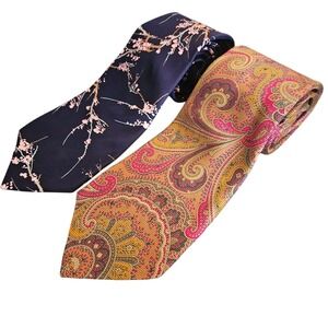 Smithsonian Institute Mens‎ Lot Of 2 Necktie Blue Cherry Blossoms / Gold Paisley